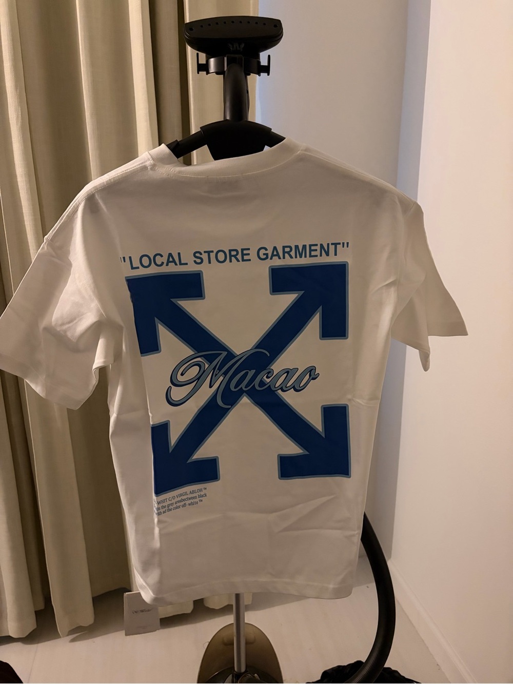 Off-White White T-Shirt with Blue Macao Arrow Graphic